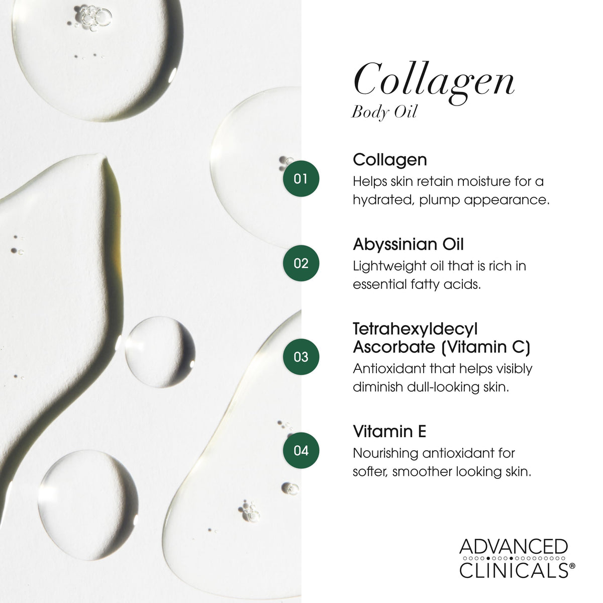 Advanced Clinicals oil texture on skin highlighting lightweight absorption