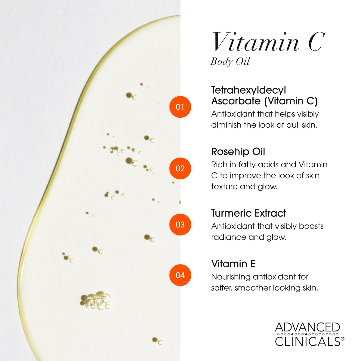 Advanced Clinicals oil droplet texture on skin showing fast absorption