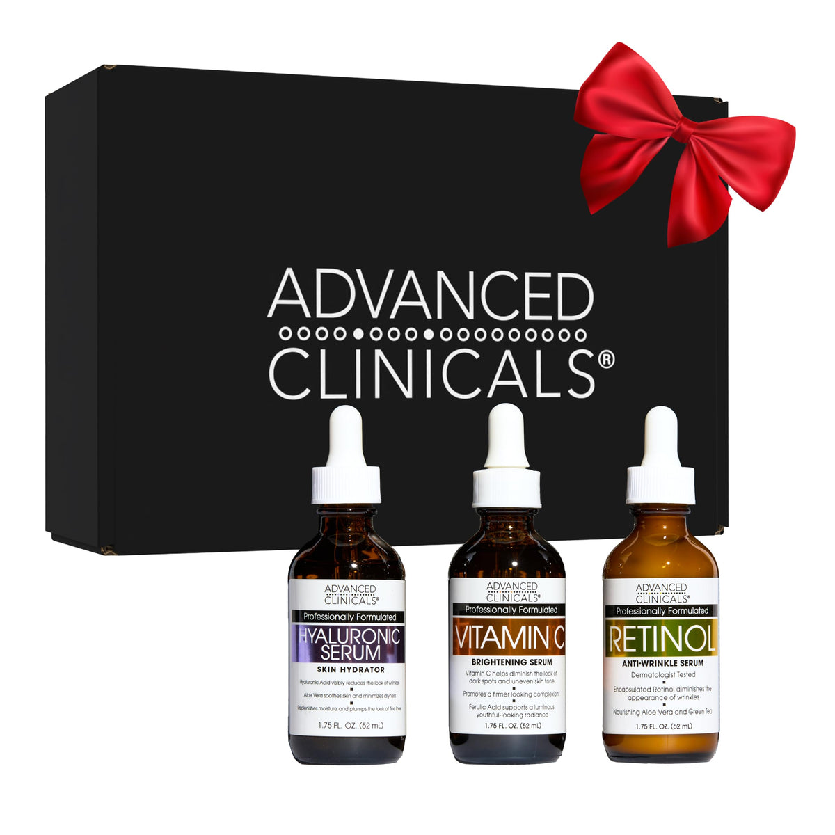 Advanced Clinicals front box view showing trio gift set and convenience