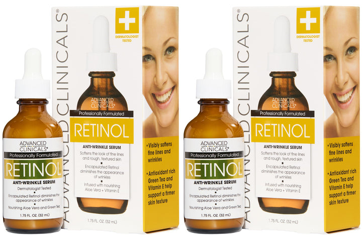 Advanced Clinicals front packaging showing two retinol serum bottles and benefits