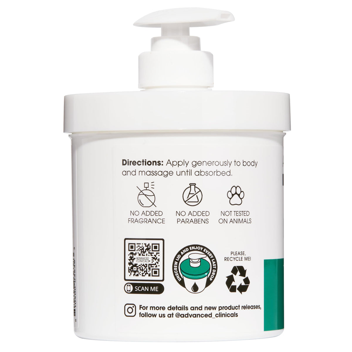 Advanced Clinicals label and size detail highlighting active ingredients and usage guidance