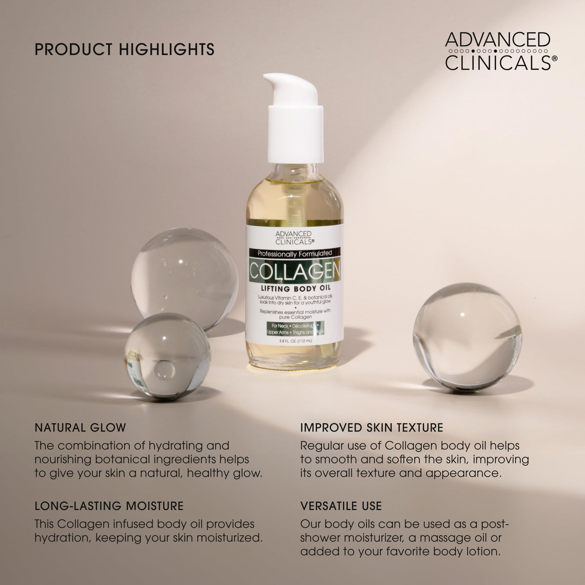 Advanced Clinicals 3.8oz bottle beside common objects showing travel-friendly size