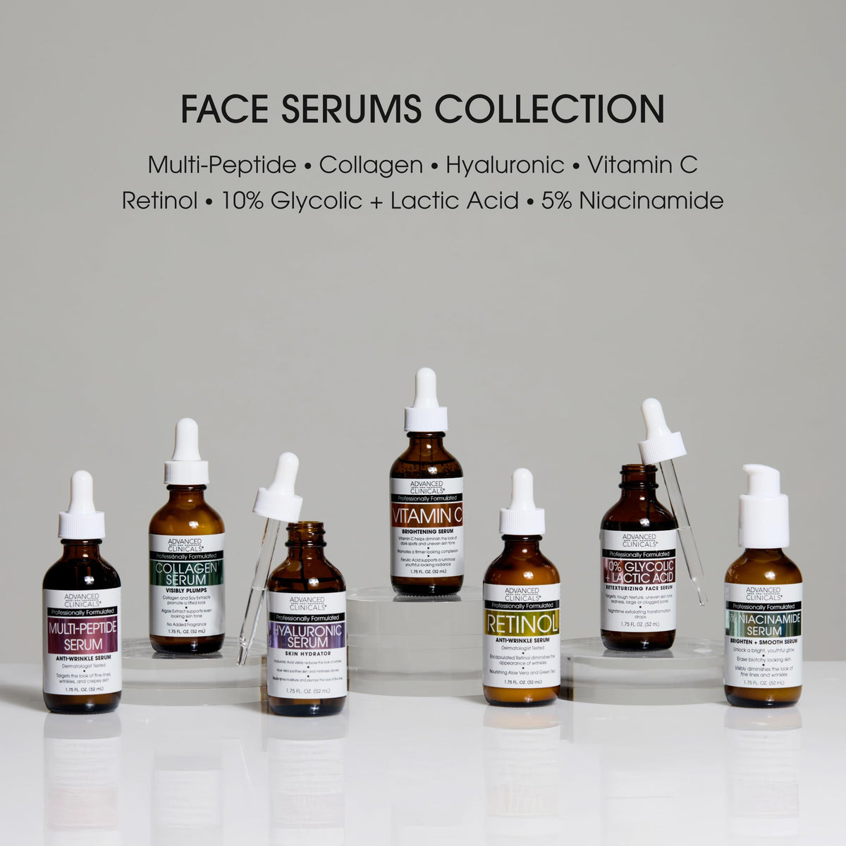Advanced Clinicals serums styled on bathroom counter suggesting daily routine
