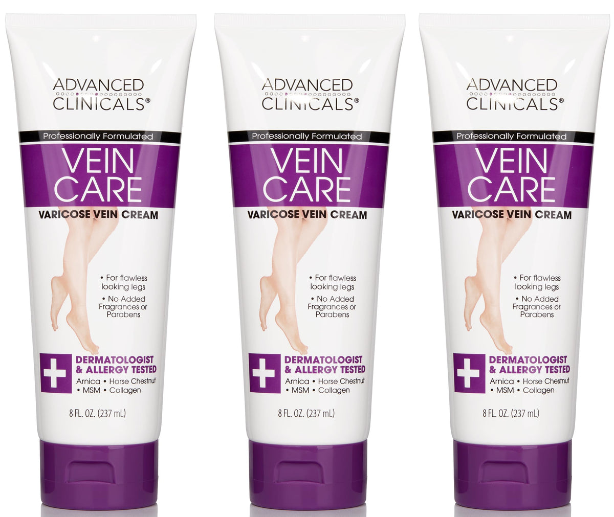 Advanced Clinicals front packaging for varicose veins cream showing label and benefits
