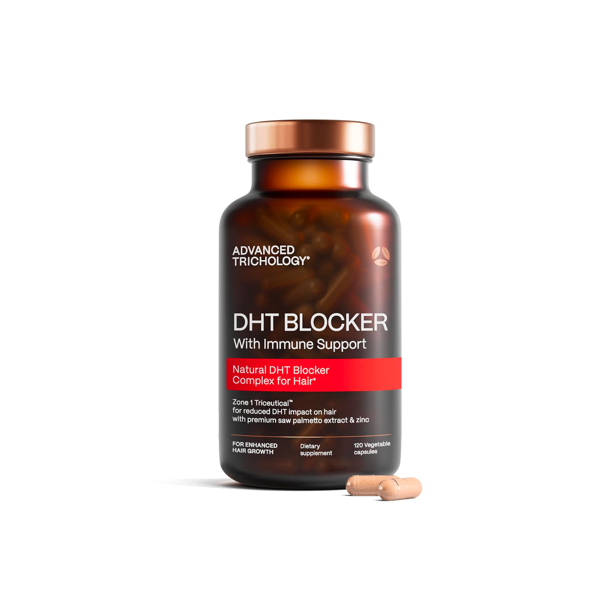 Advanced Trichology bottle front view showing supplement and clear benefit