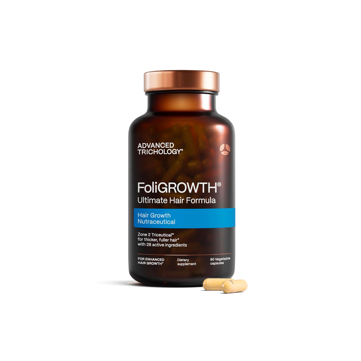 Advanced Trichology bottle front view showing label and benefits