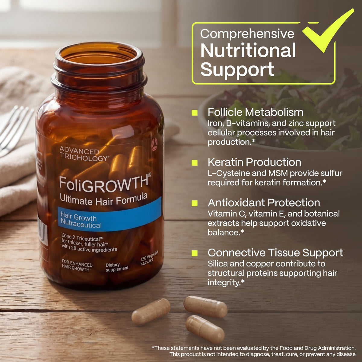 Advanced Trichology arranged ingredients displaying biotin, kelp, saw palmetto