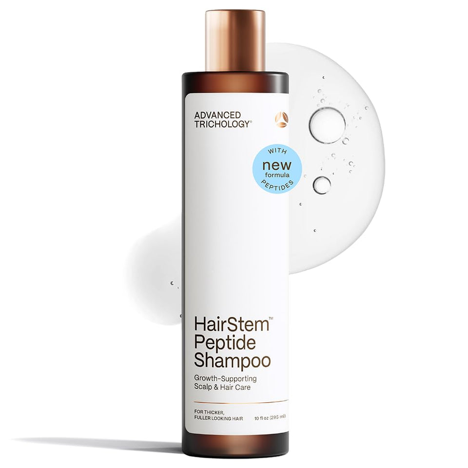 Advanced Trichology bottle front view showing sleek packaging and brand clarity benefit