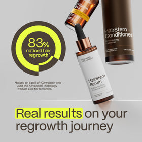 Advanced Trichology HairStem bottle next to ruler for size and volume clarity