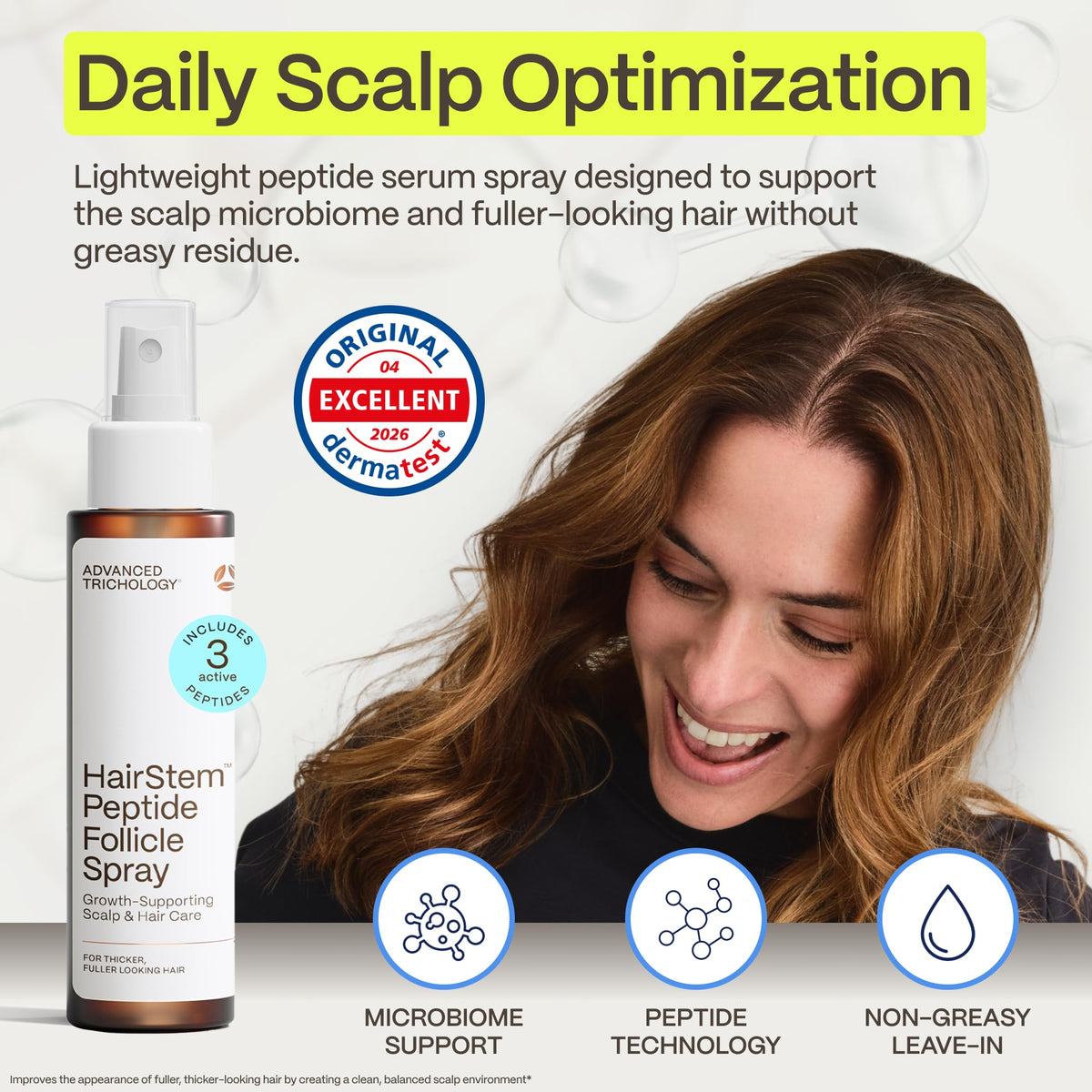 Advanced Trichology spray nozzle dispensing fine mist for even scalp coverage