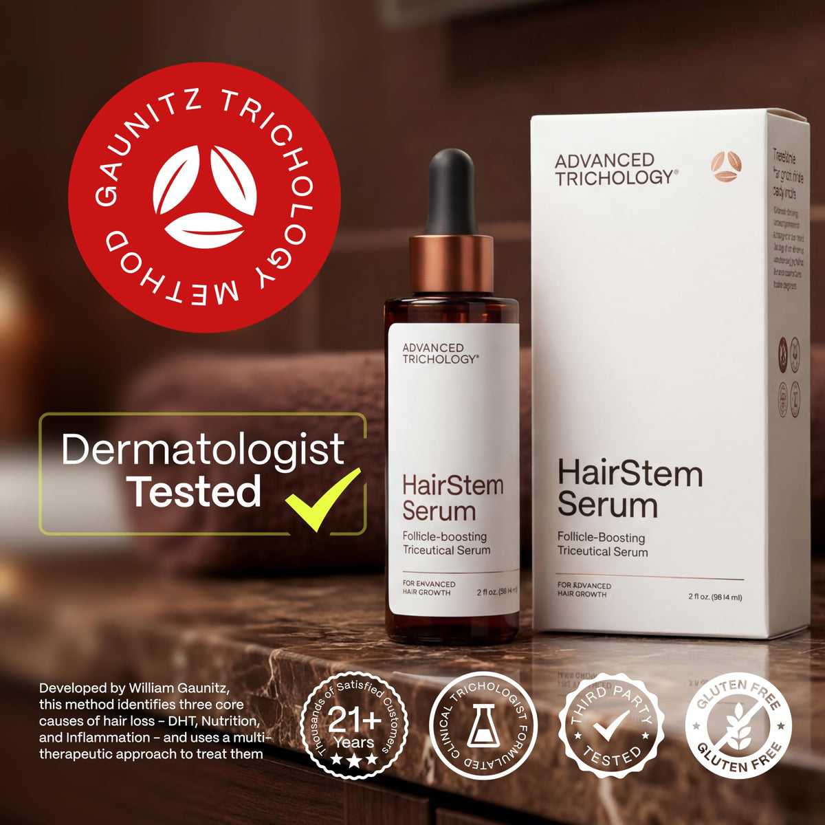 Advanced Trichology HairStem texture close-up showing lightweight absorbent formula