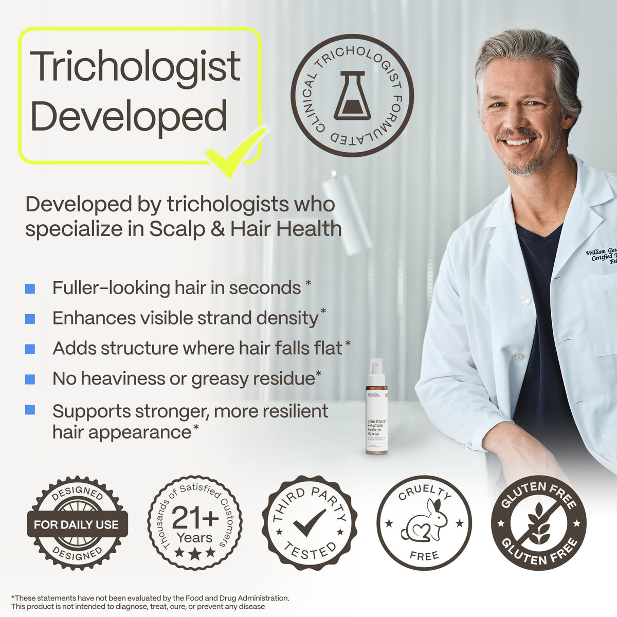Advanced Trichology droplet texture on skin demonstrating lightweight, non-greasy feel