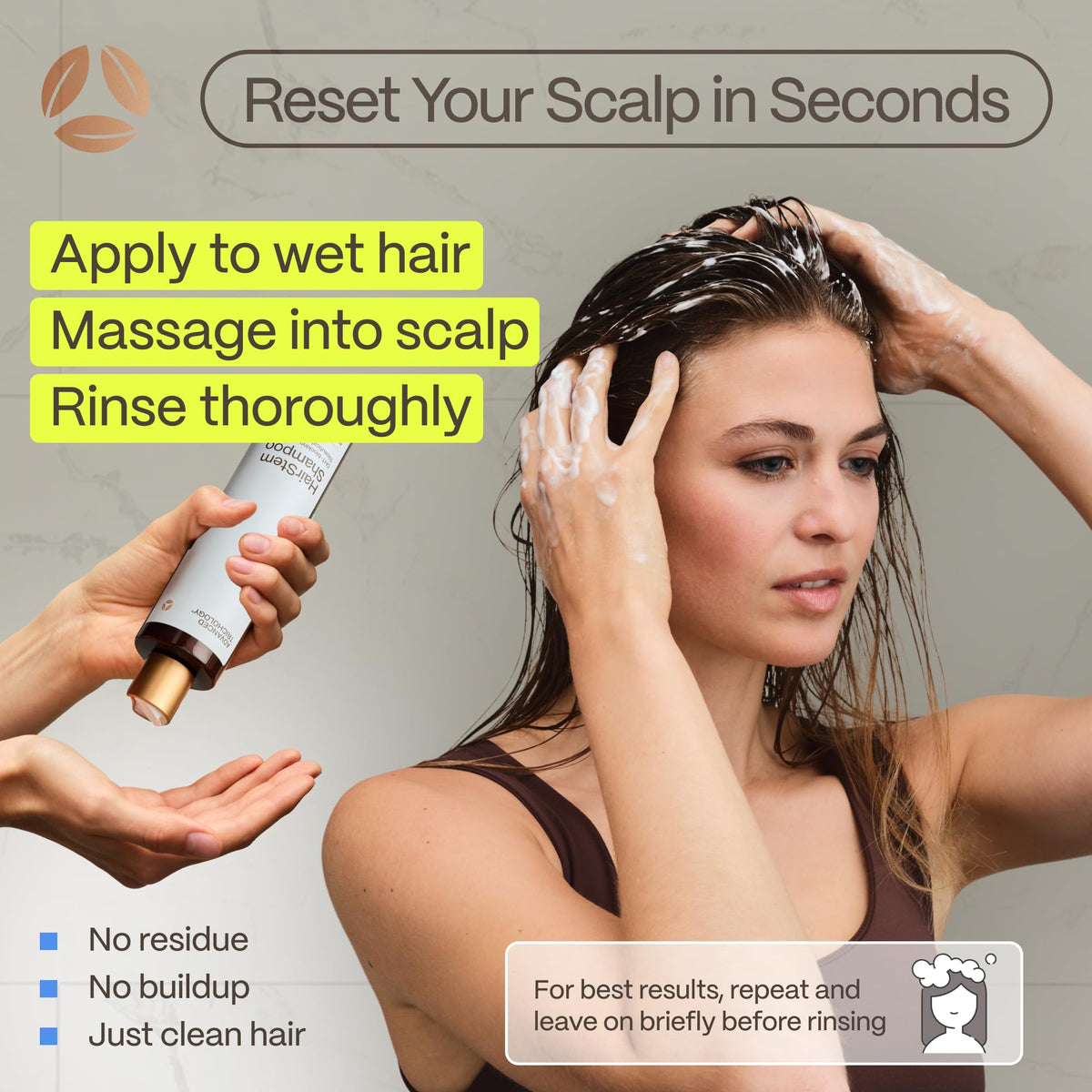 Advanced Trichology shampoo in shower use showing invigorated scalp sensation and refreshment
