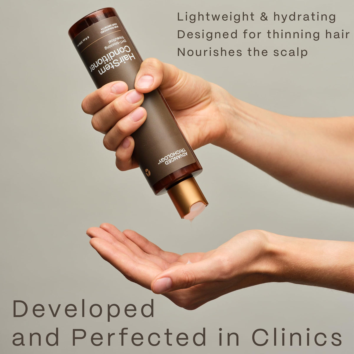 Advanced Trichology texture shot and size comparison illustrating creamy formula and dosage control
