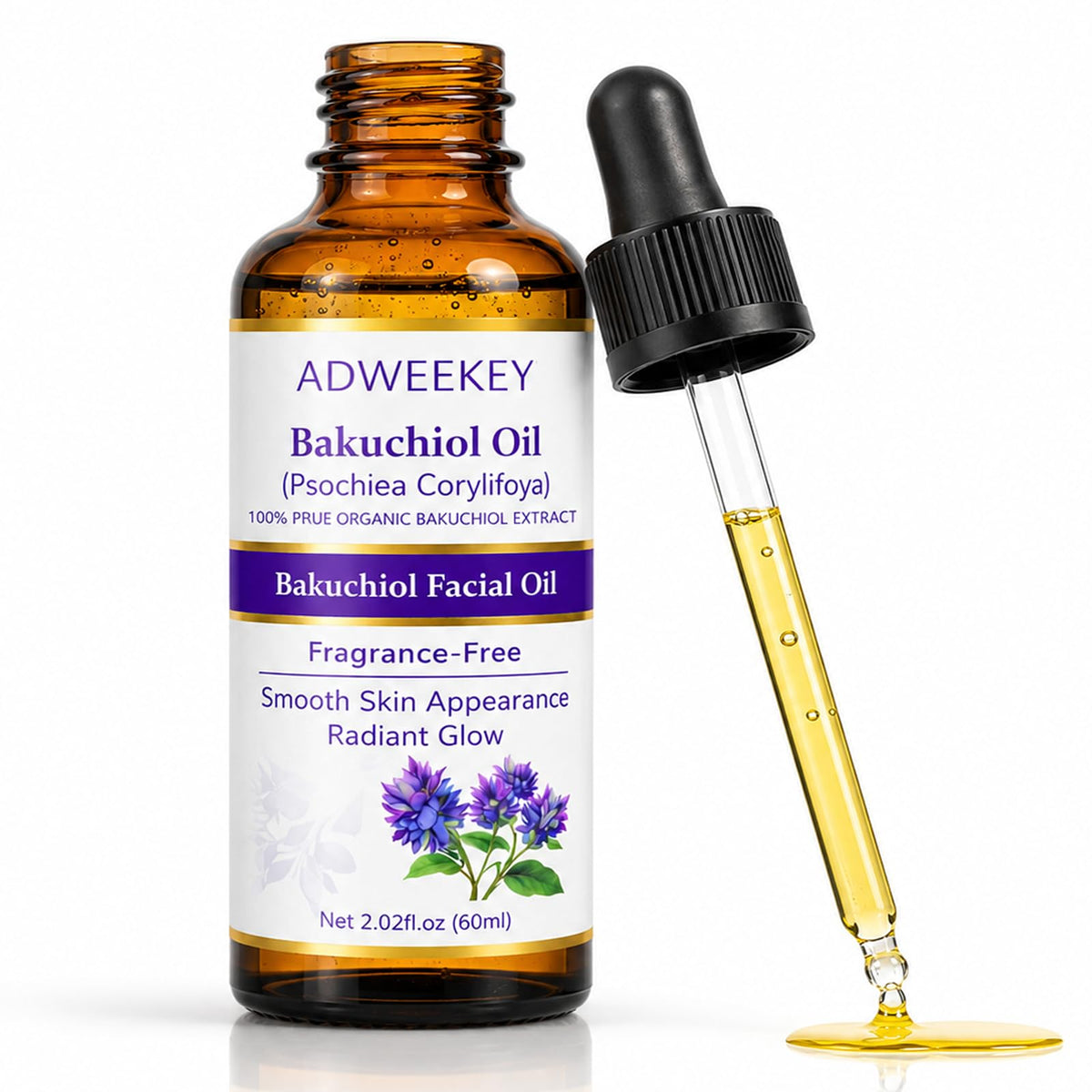 Adweekey bakuchiol facial oil front bottle showing clean packaging and glow benefit