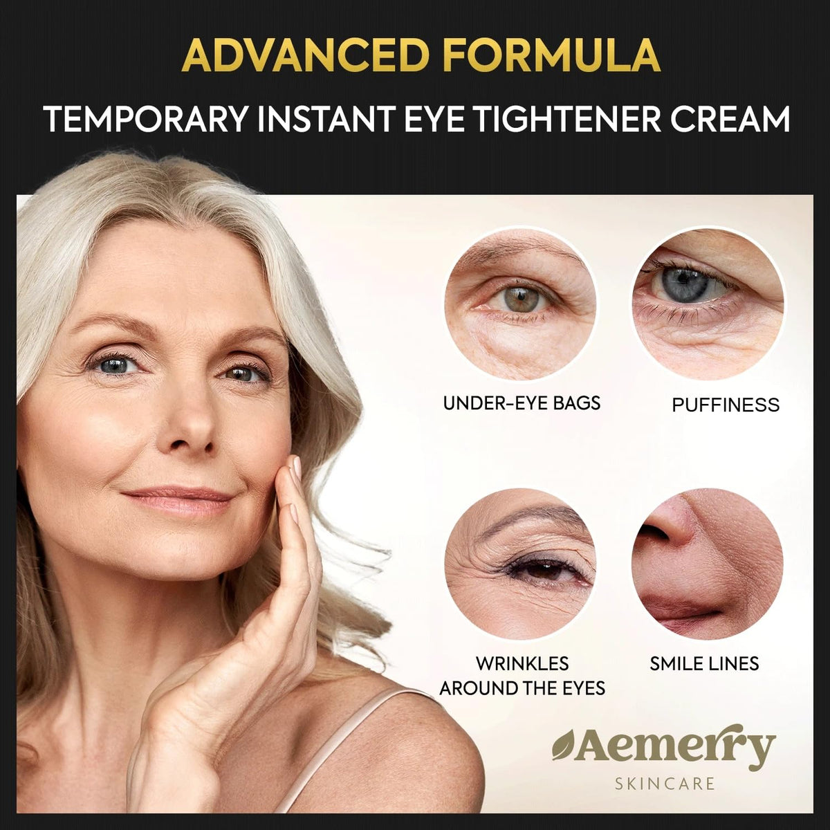 Aemerry applied on model eye area, showing natural lifted appearance