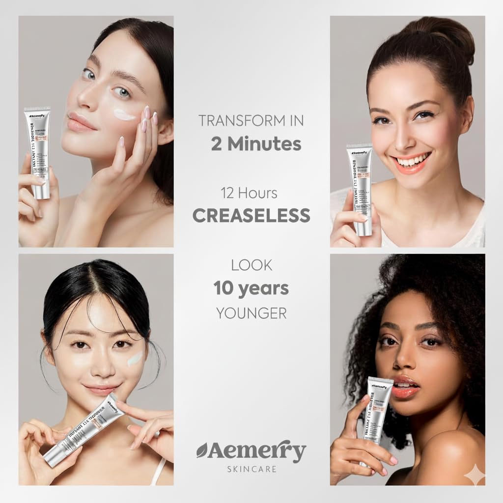 Aemerry cream applied under model's eye illustrating immediate smoothing effect