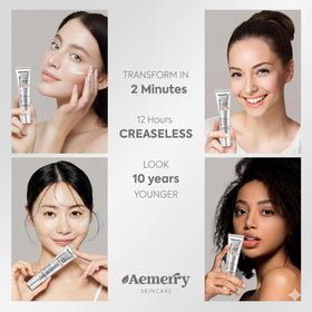 Aemerry cream applied under model's eye illustrating immediate smoothing effect