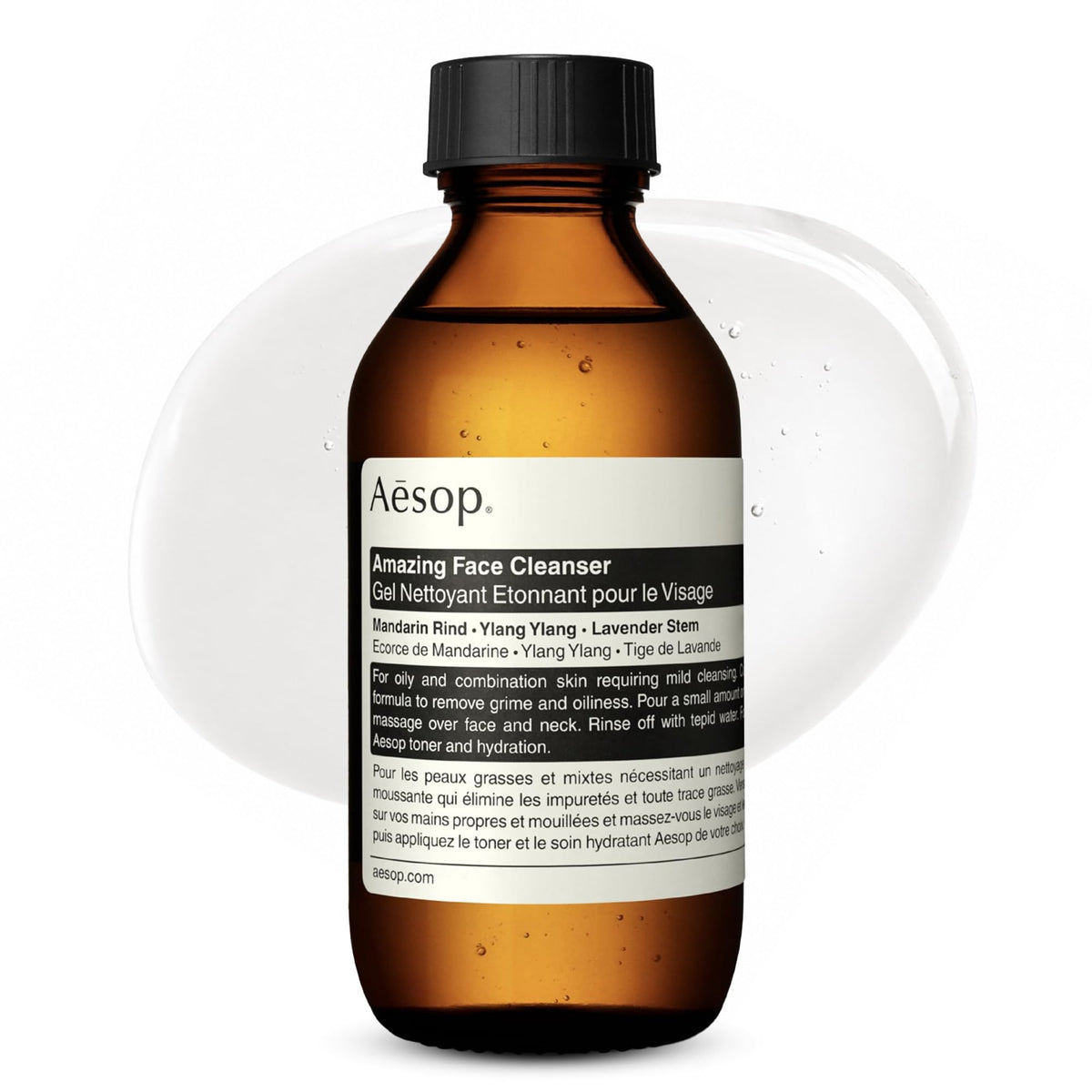 Aesop cleanser front bottle view showing minimalist label and benefit