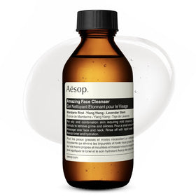 Aesop cleanser front bottle view showing minimalist label and benefit