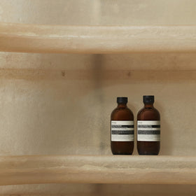 Hand holding Aesop 100 mL travel bottle illustrating convenient travel benefit