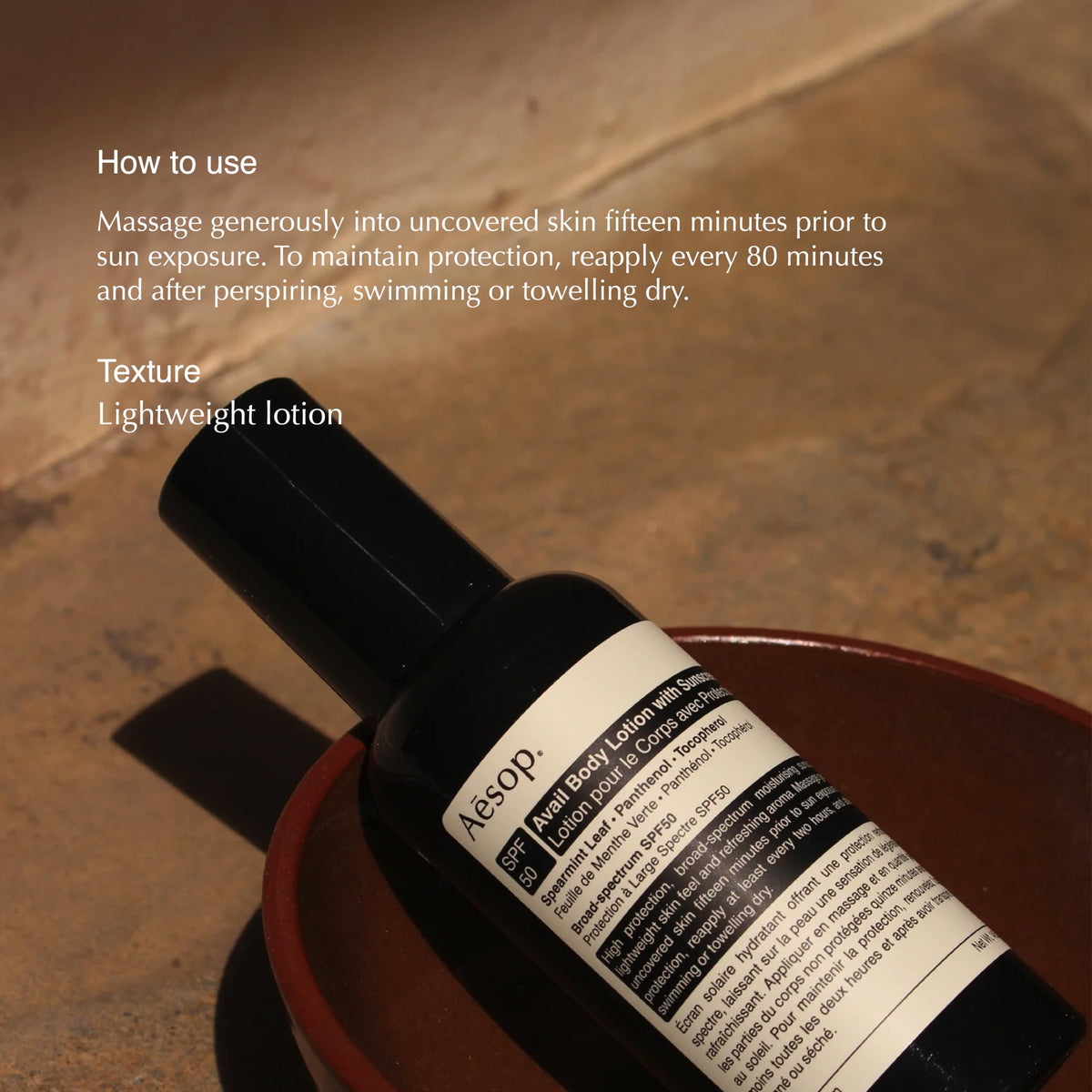 Aesop label closeup highlighting SPF50 and ingredient listing for clarity