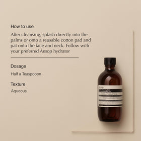 Close-up of Aesop label highlighting ingredients and product clarity benefit