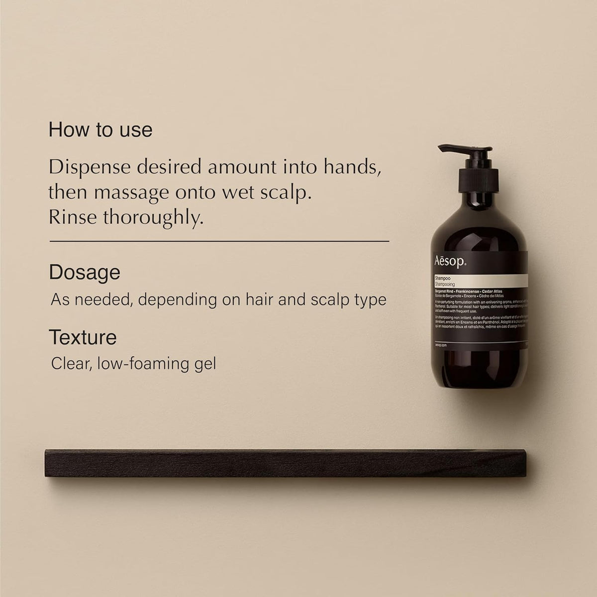 Aesop bottle label close-up highlighting ingredient list and minimalist design benefits