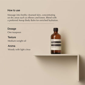 Aesop breathless cap and label detail highlighting pump design benefit: precise dispensing