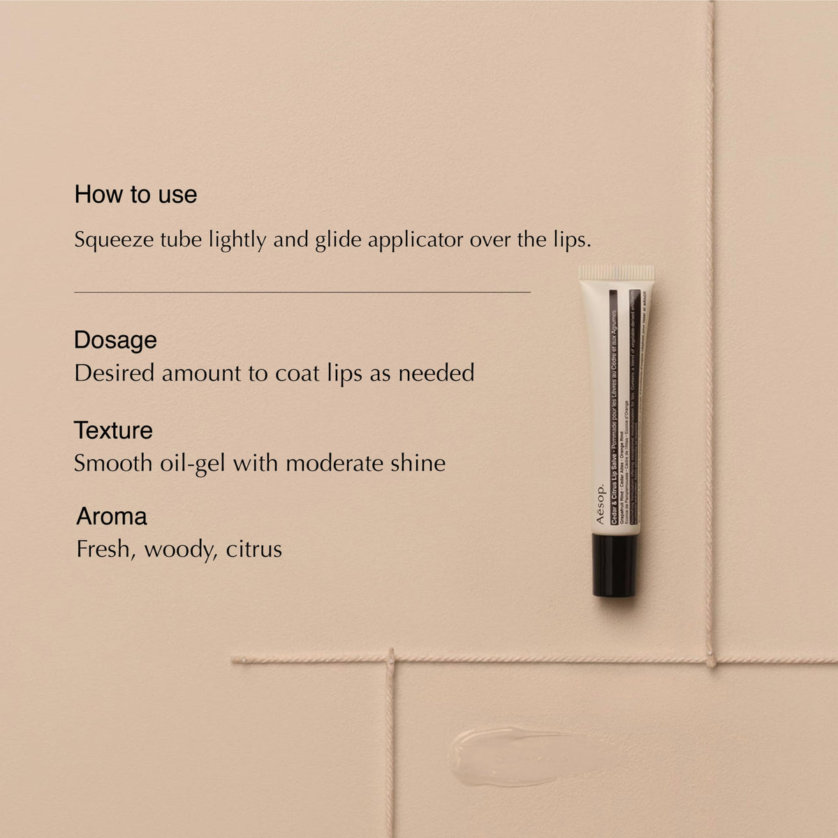 Aesop angled applicator tip close‑up demonstrating precise, hygienic application for targeted lip hydration