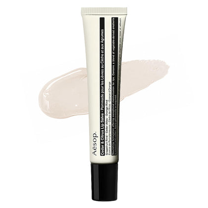 Aesop front packaging of Cedar & Citrus lip balm showing tube and label for quick identification and portable use