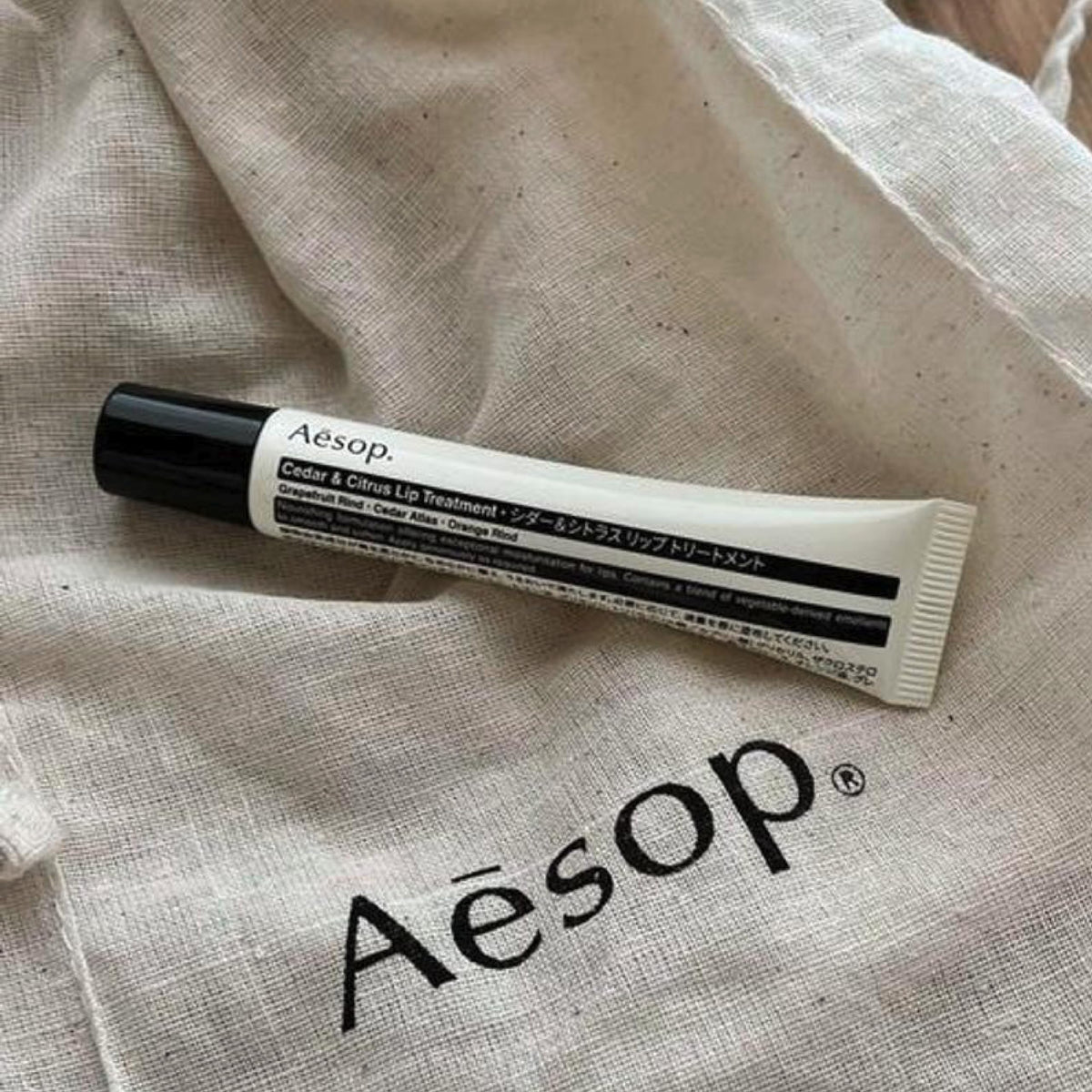 Aesop lip balm held in hand to show compact 0.3 fl oz scale and easy on‑the‑go convenience
