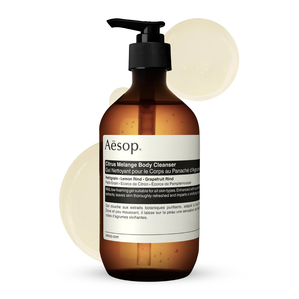 Aesop bottle front packaging showing cleanser and recycled-plastic benefit