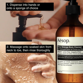 Aesop bottle in use on wet skin showing refreshing cleanse benefit