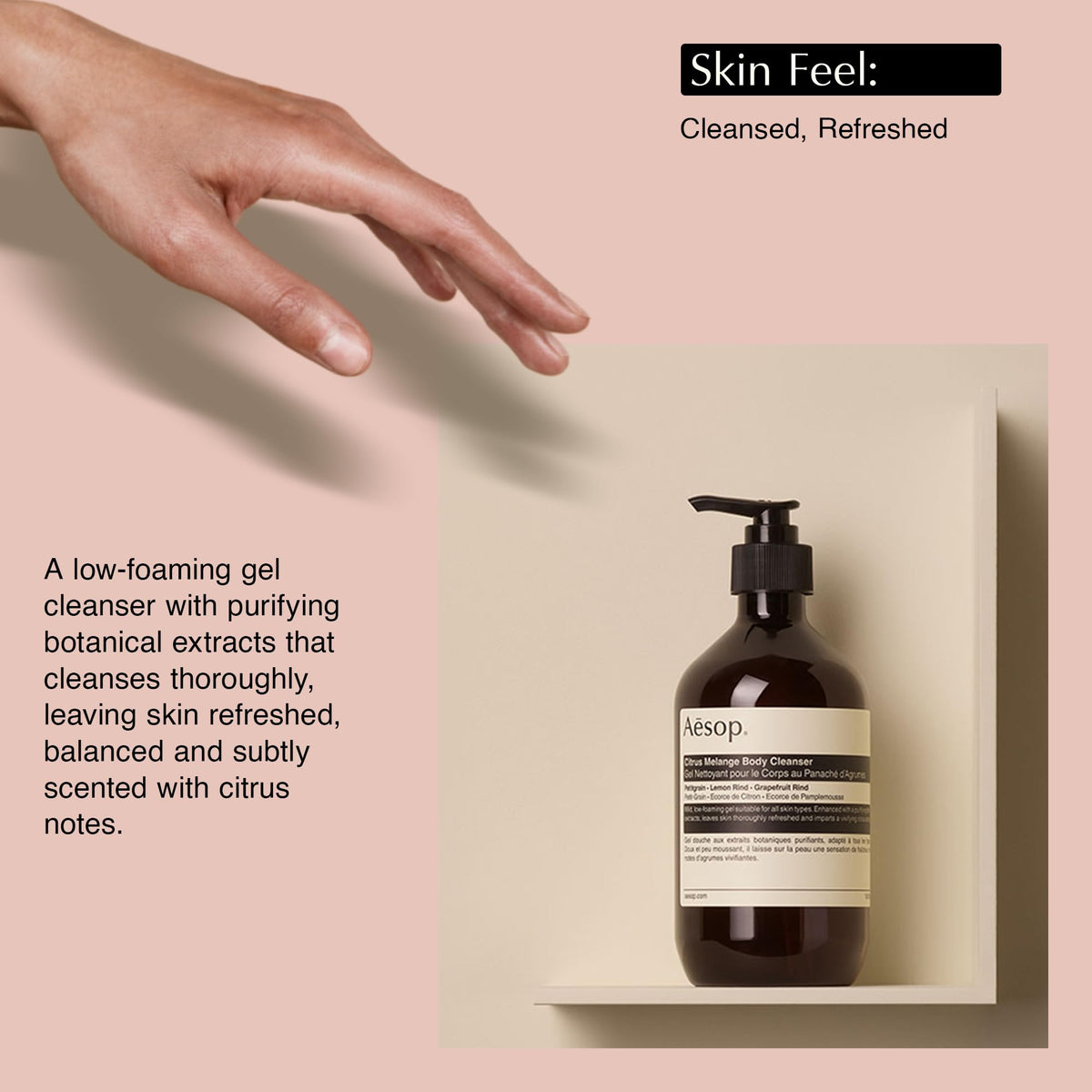 Aesop bottle held in hand showing 500 mL scale and practical size benefit