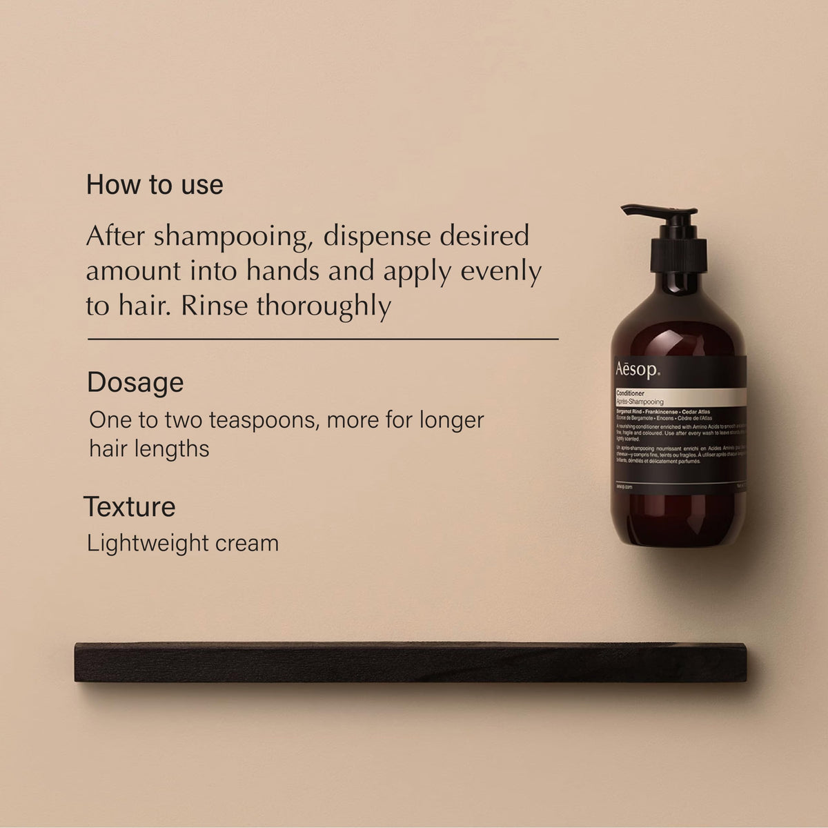 Aesop conditioner texture on palm showing creamy slip for easy detangling