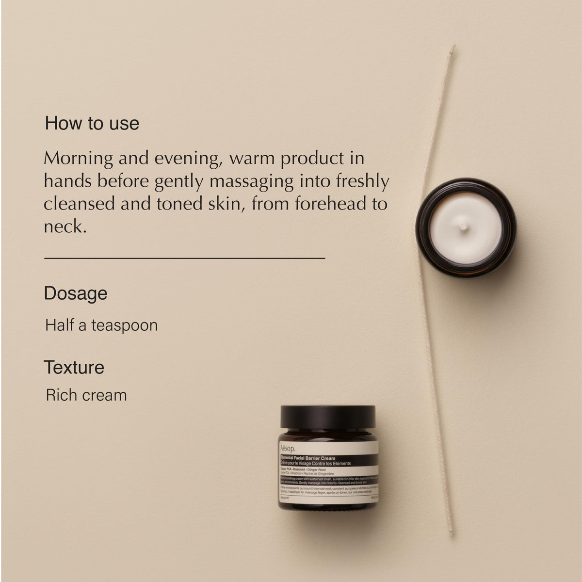 Close-up cream texture swipe showing rich emollient consistency, Aesop hydration benefit