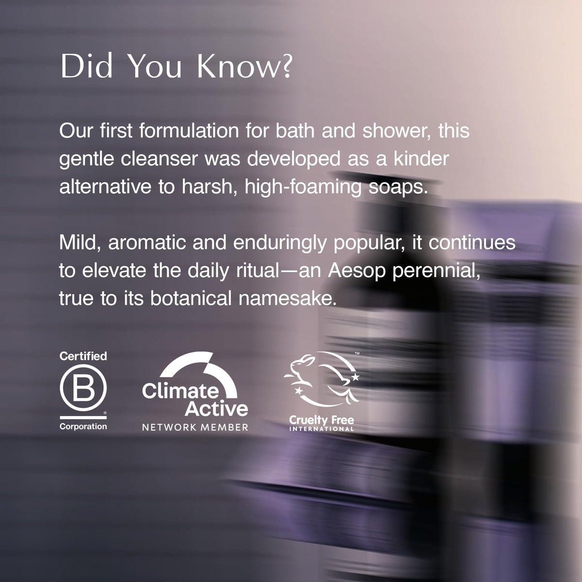 Aesop Eleos on bathroom shelf styled to show premium ritual and calming benefit