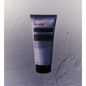 Aesop Eleos bottle label highlighting recycled-plastic packaging and sustainability