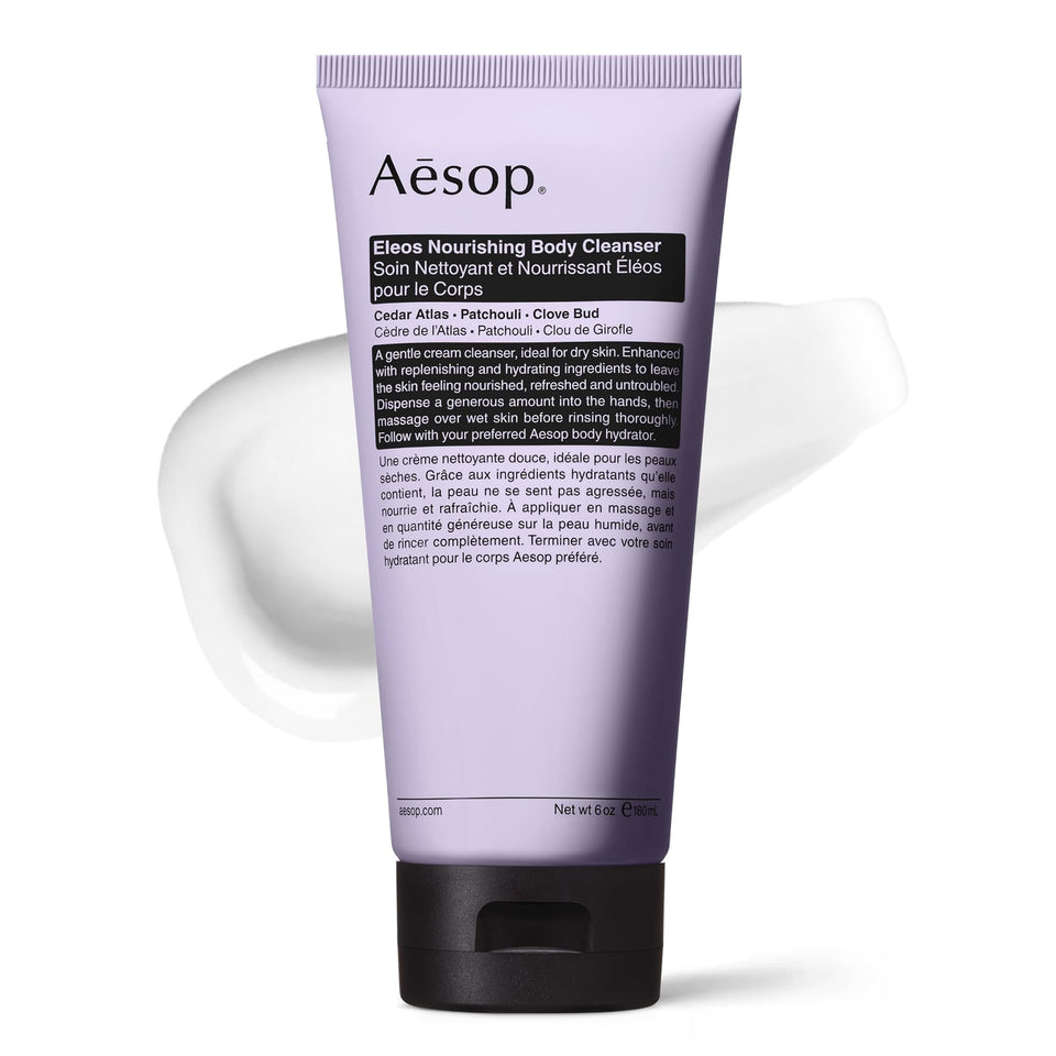 Aesop Eleos front packaging showing minimalist bottle and label, conveys quality