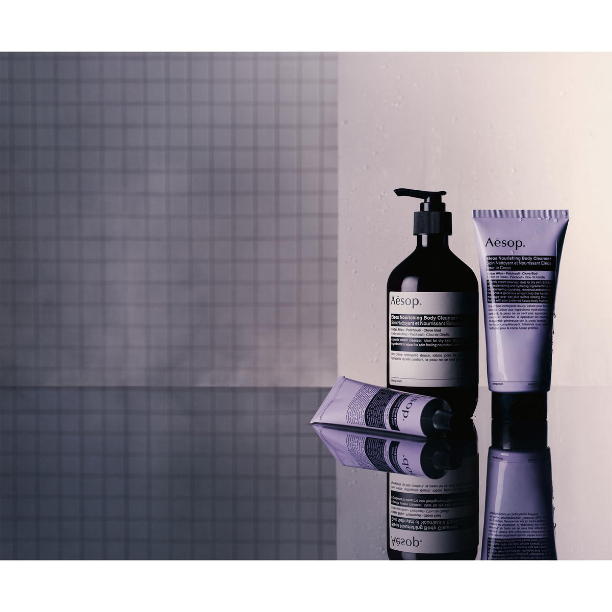Aesop Eleos on shower shelf in lifestyle setting suggesting daily ritual use