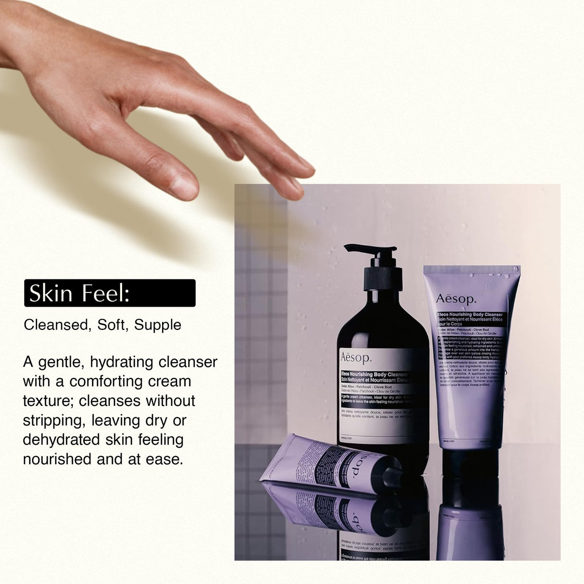 Aesop Eleos next to common items for scale showing 500 mL generous size benefit
