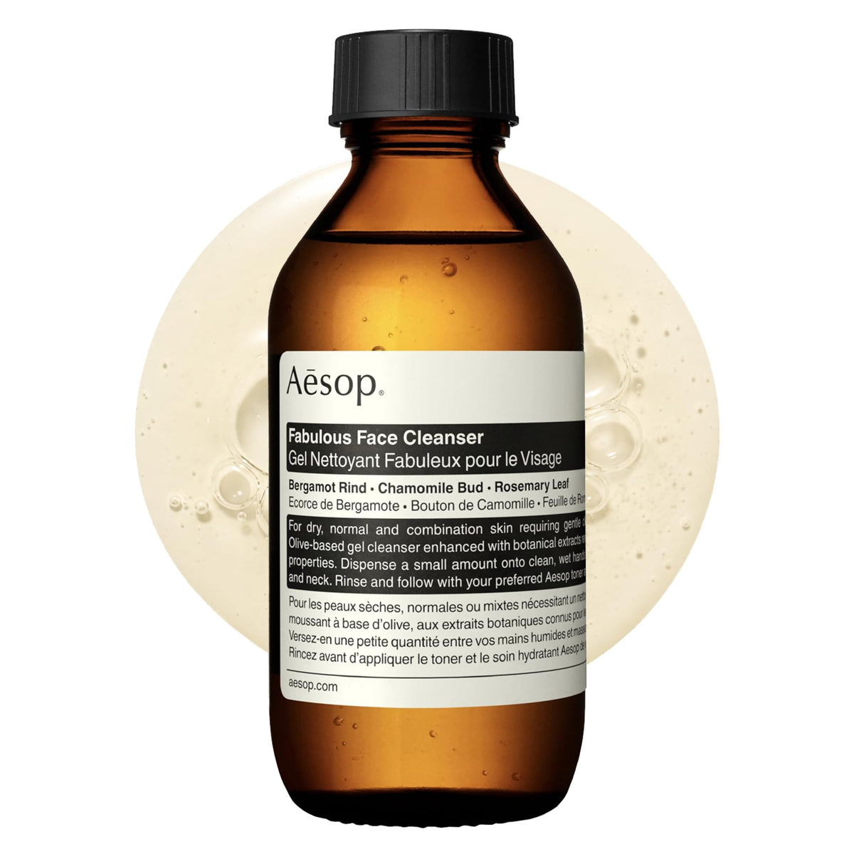 Aesop front packaging showing bottle and label benefits