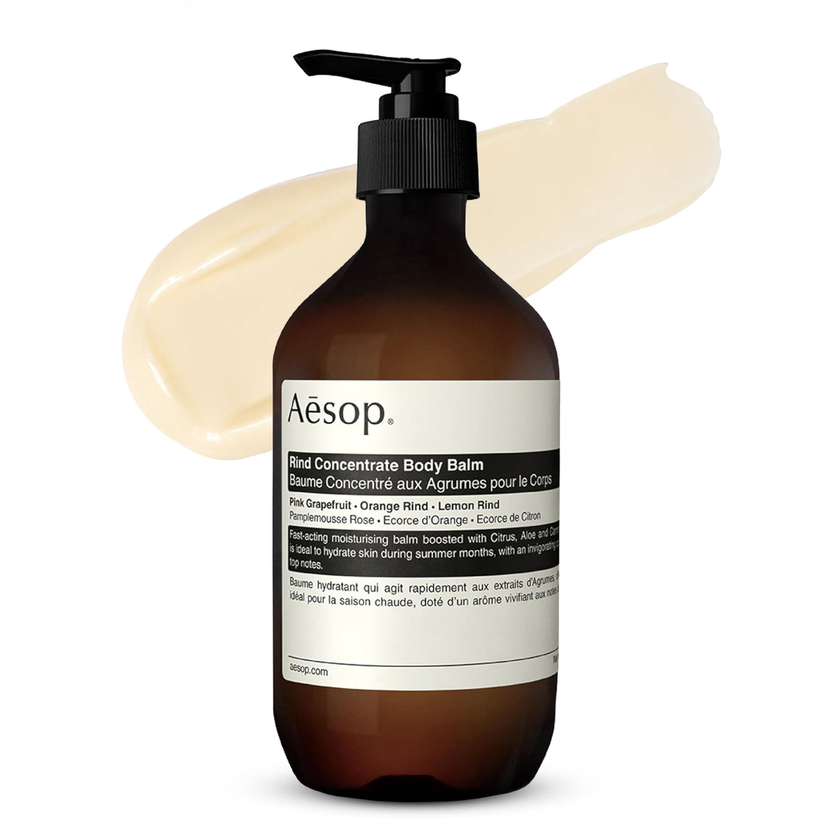 Aesop front pack showing pump bottle and label, highlights generous 500 mL size and premium look