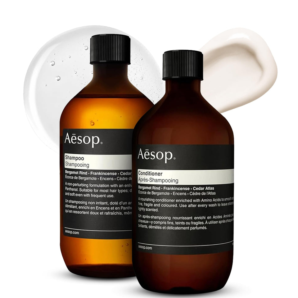 Aesop front packaging refill set showing two 16.9 oz bottles and neat labeling benefits