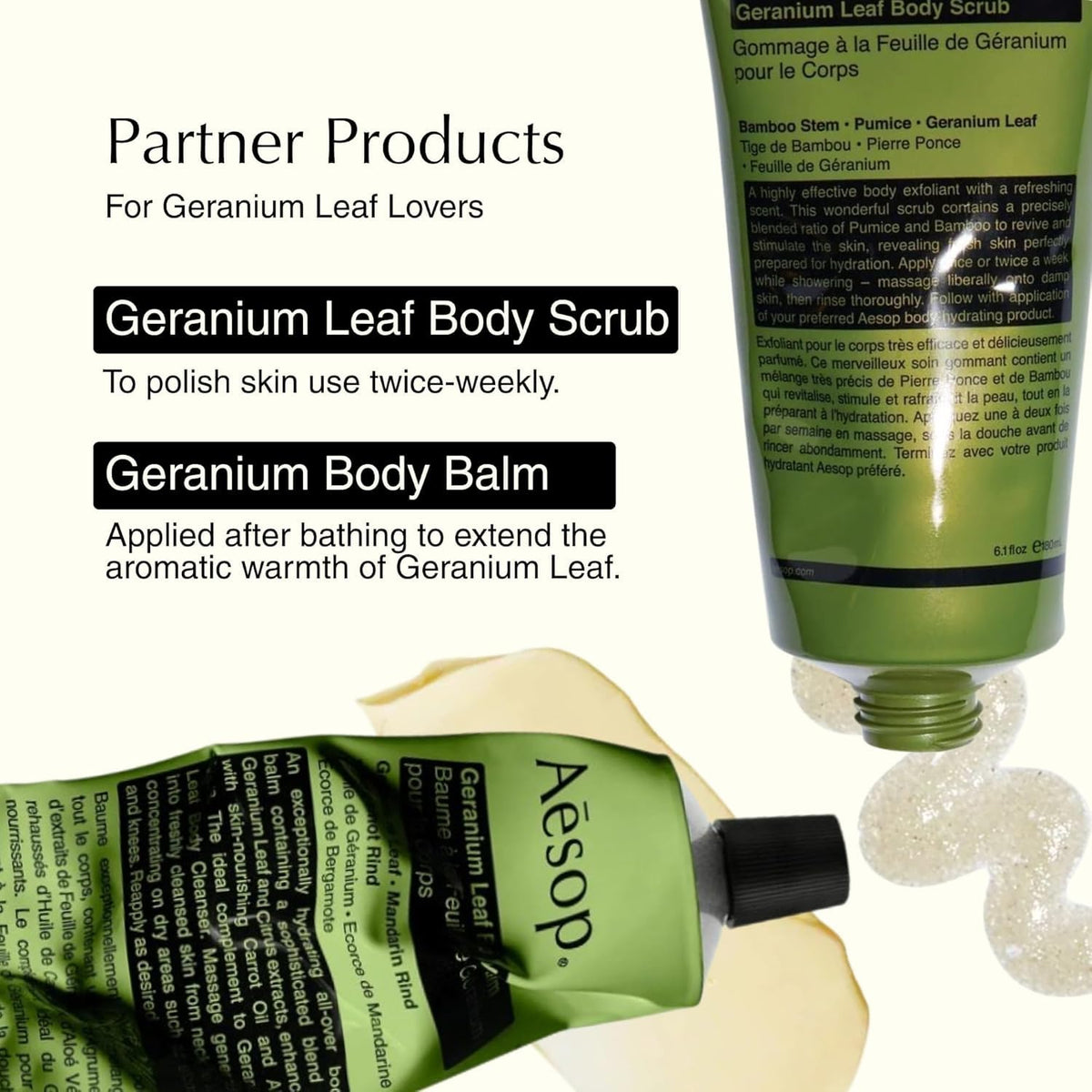 Aesop geranium leaf bottle in a bathroom setting conveying daily ritual and uplifting scent benefit