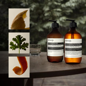 Aesop cleanser pump close-up highlighting texture and easy dispensing
