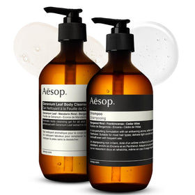 Aesop geranium leaf body cleanser front packaging showing clean botanical design and freshness