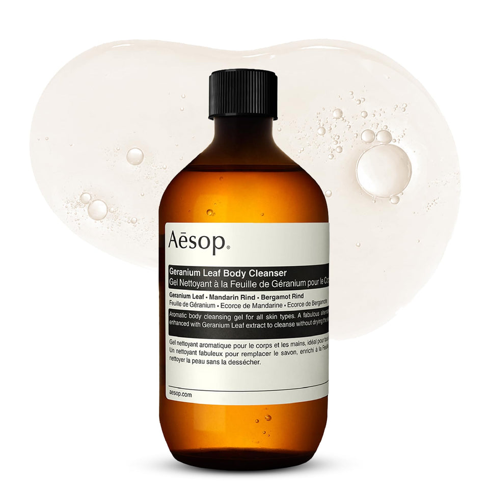 Aesop geranium leaf bottle front view showing clean label and recyclable bottle benefit