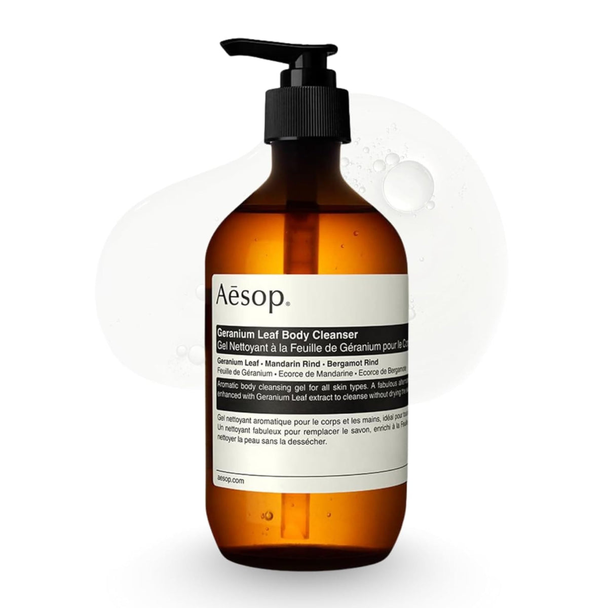 Aesop bottle front packaging showing label and recycled plastic benefit